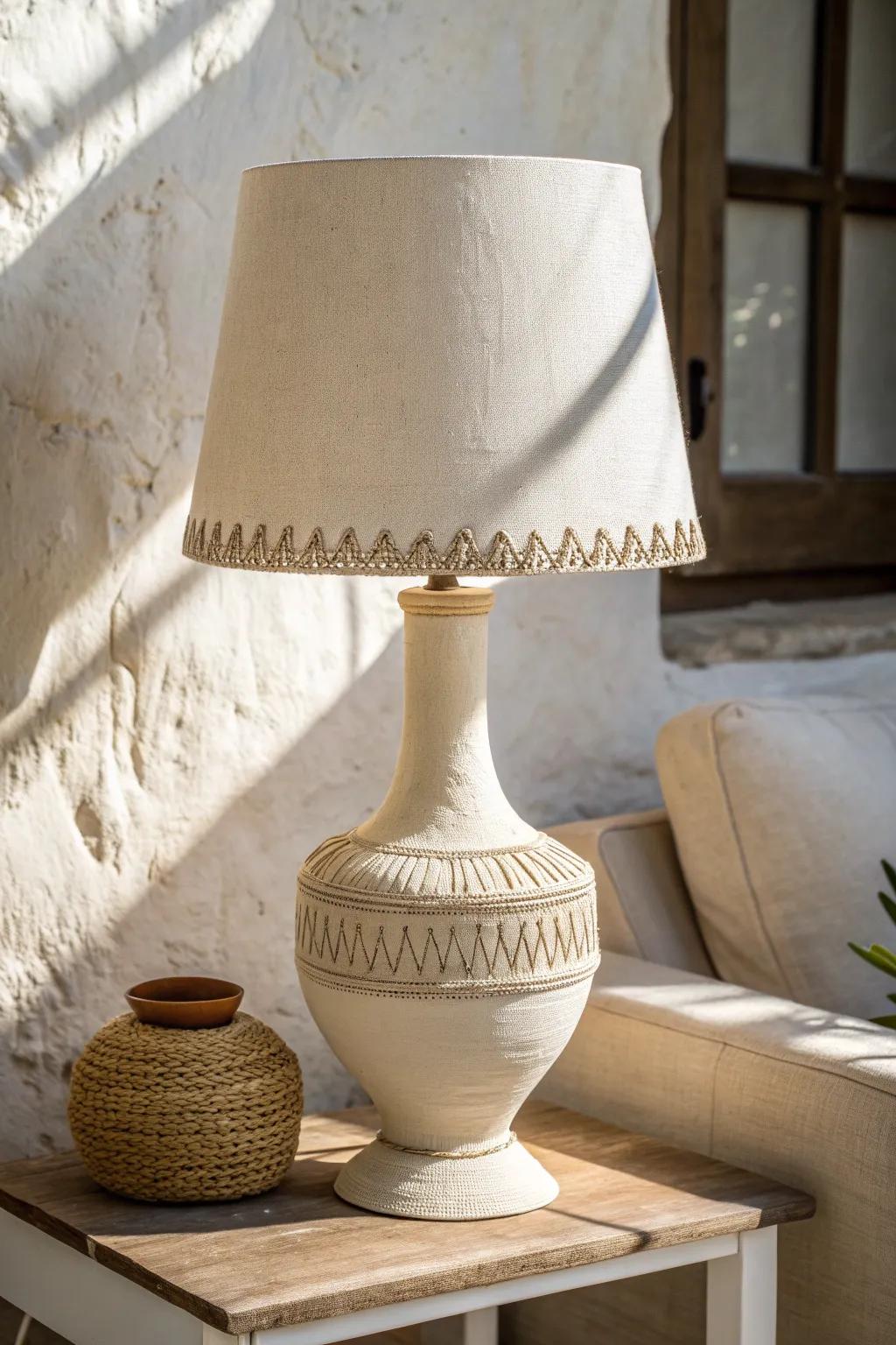 A creamy linen-shaded lamp proves how a light neutral palette makes a small space feel open.