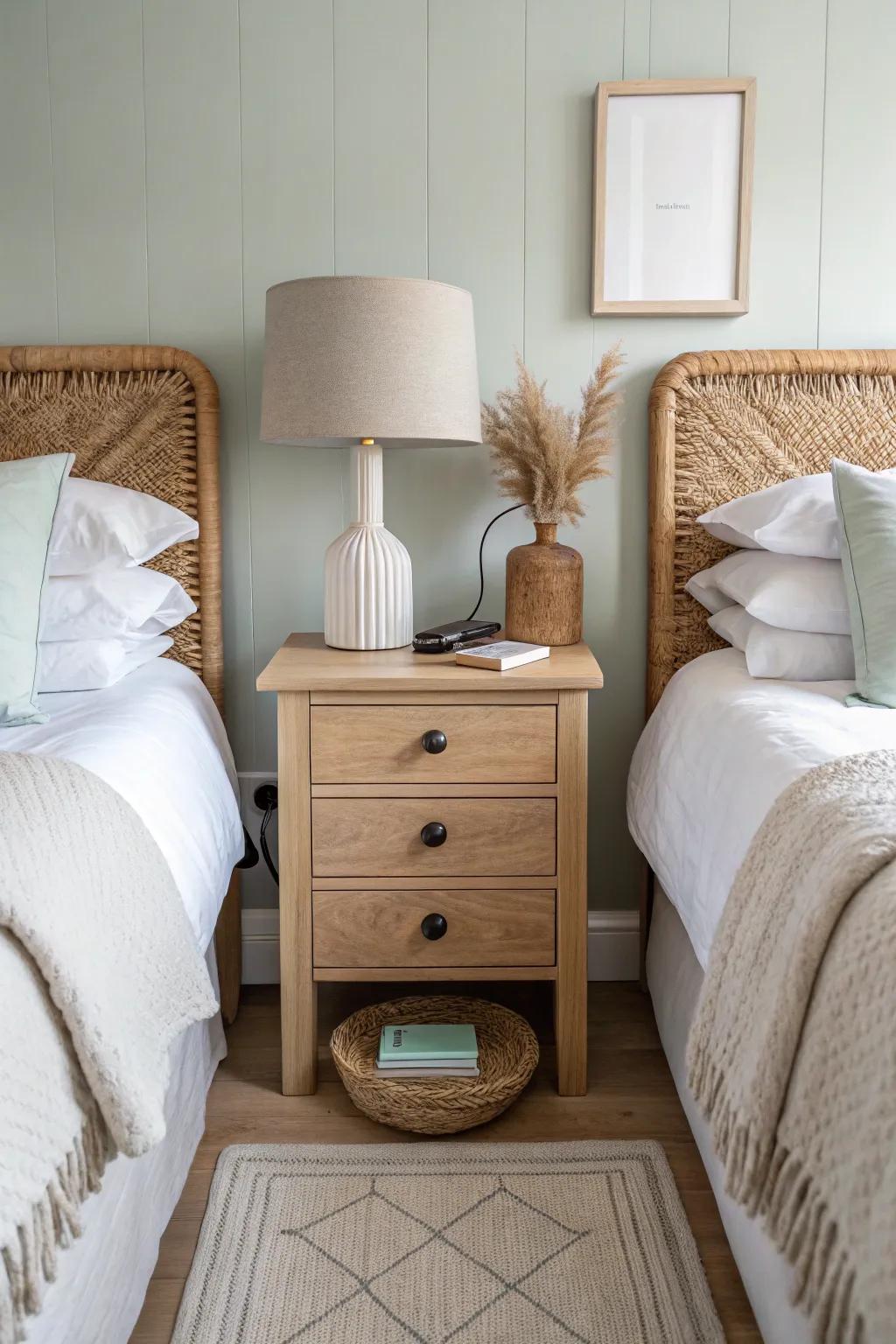 Two twin beds, one shared nightstand—clean, grown-up, and perfect for tiny guest rooms.