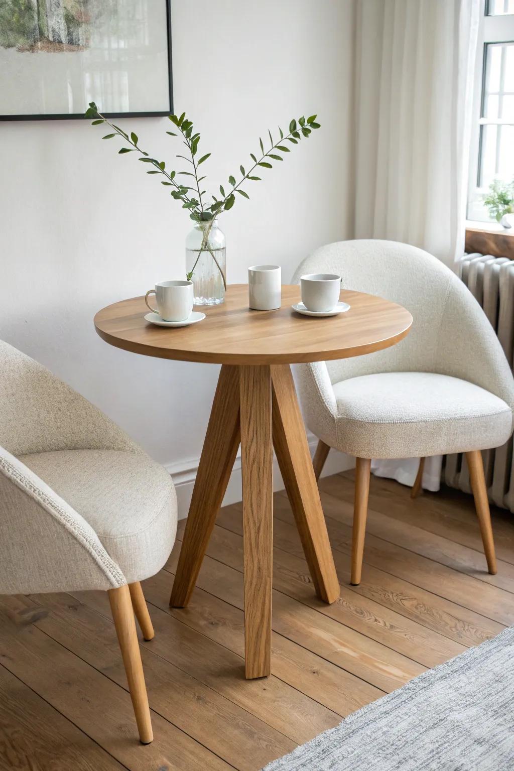 A classic two-chair conversation pair—keep the table tiny for an airy, uncluttered nook.