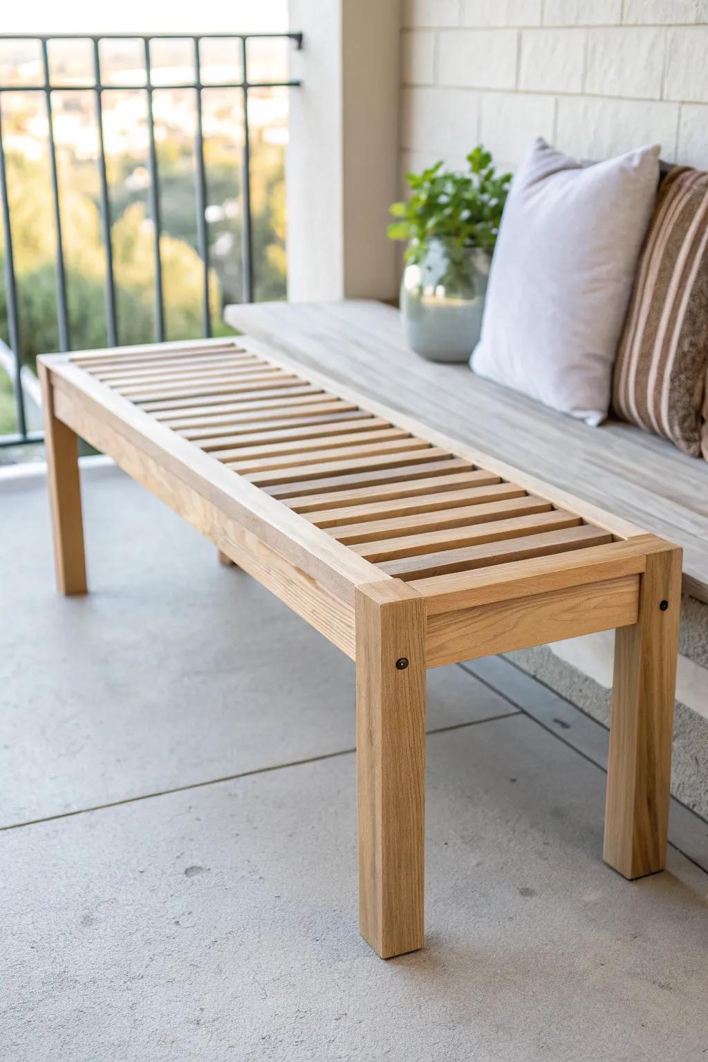 DIY 2x4 slatted patio bench—simple lines, rain-ready slats, perfect for tiny patios.