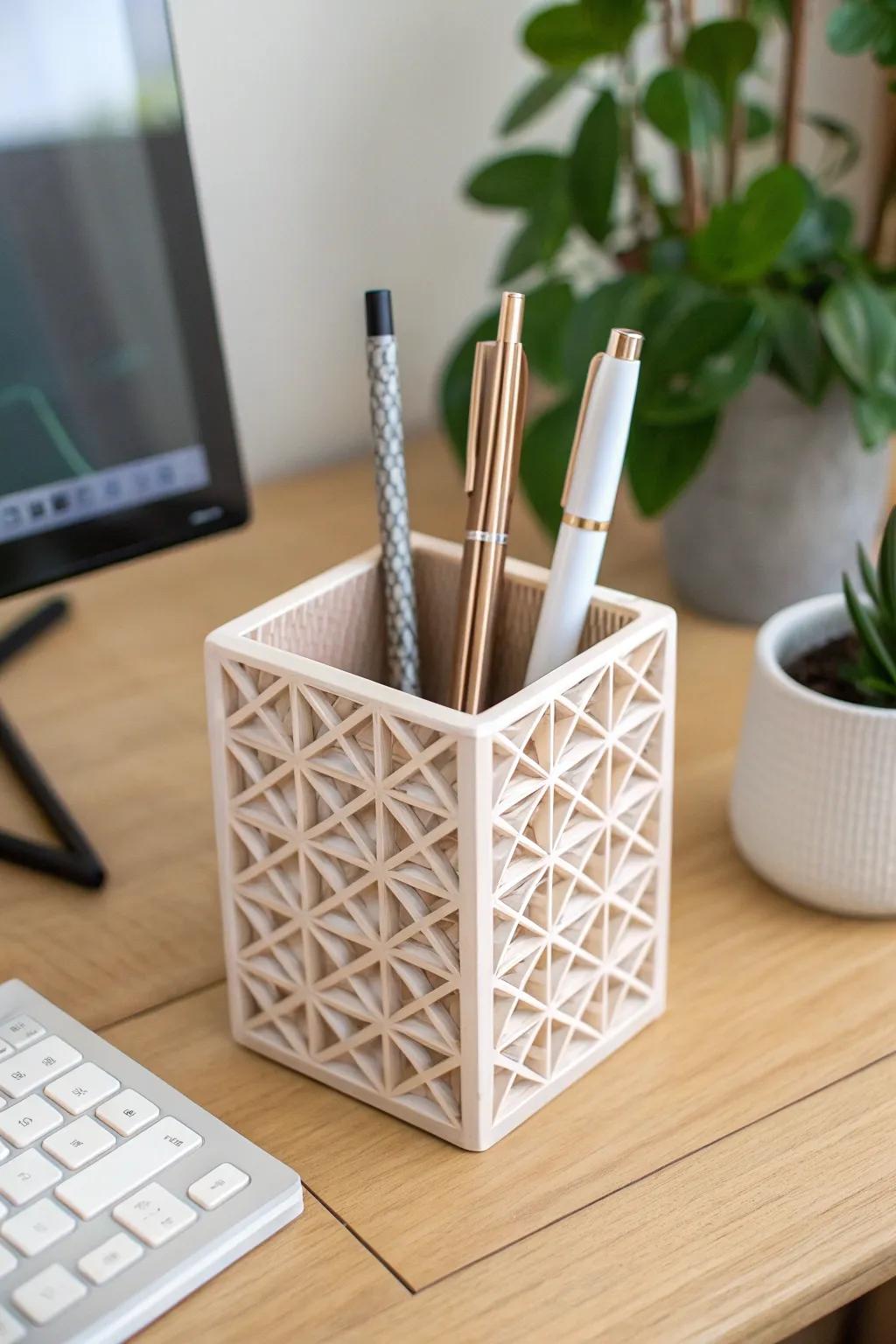 Elevate your desk with a customizable 3D-printed modular pen holder that blends simplicity and style.