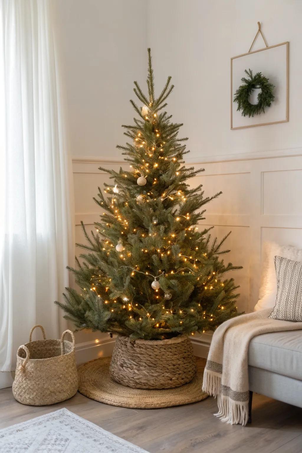 Make a 4ft tree feel magical—layer 200 warm lights deep and on the tips for extra glow.