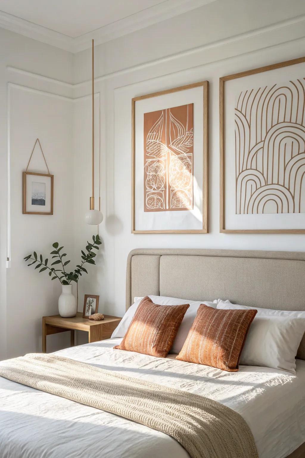 One oversized statement print above the bed—instant “finished” look, zero clutter.