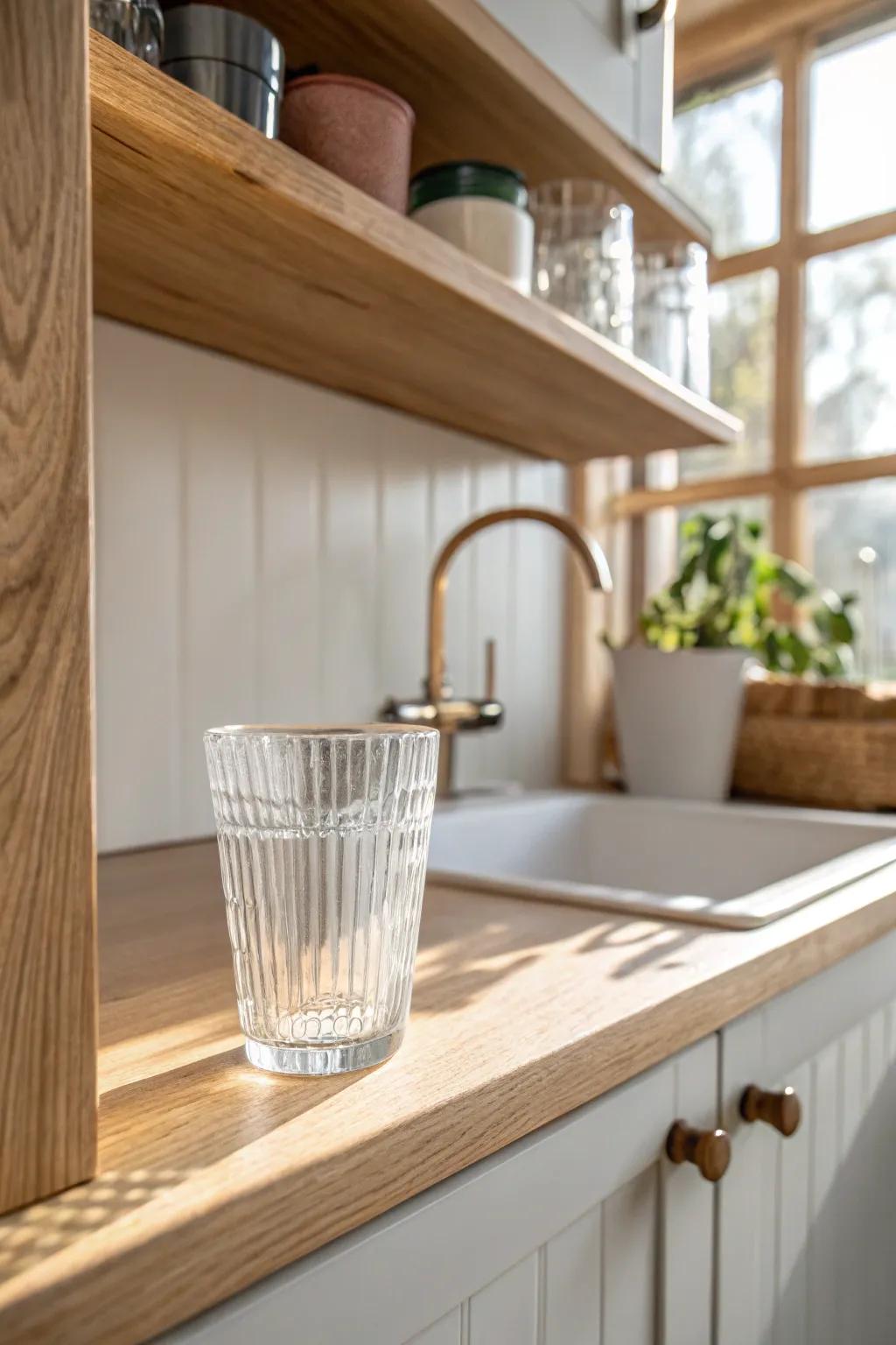 Everyday glassware stored above the sink—simple, bright, and effortless for daily use.