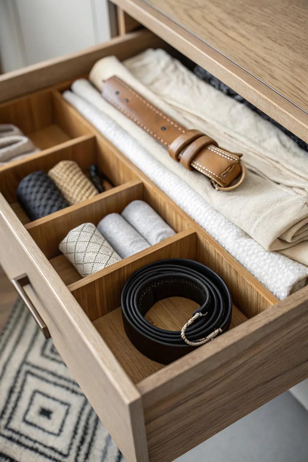 Handcrafted drawer dividers keep belts, ties, and slim scarves perfectly sorted in small spaces.