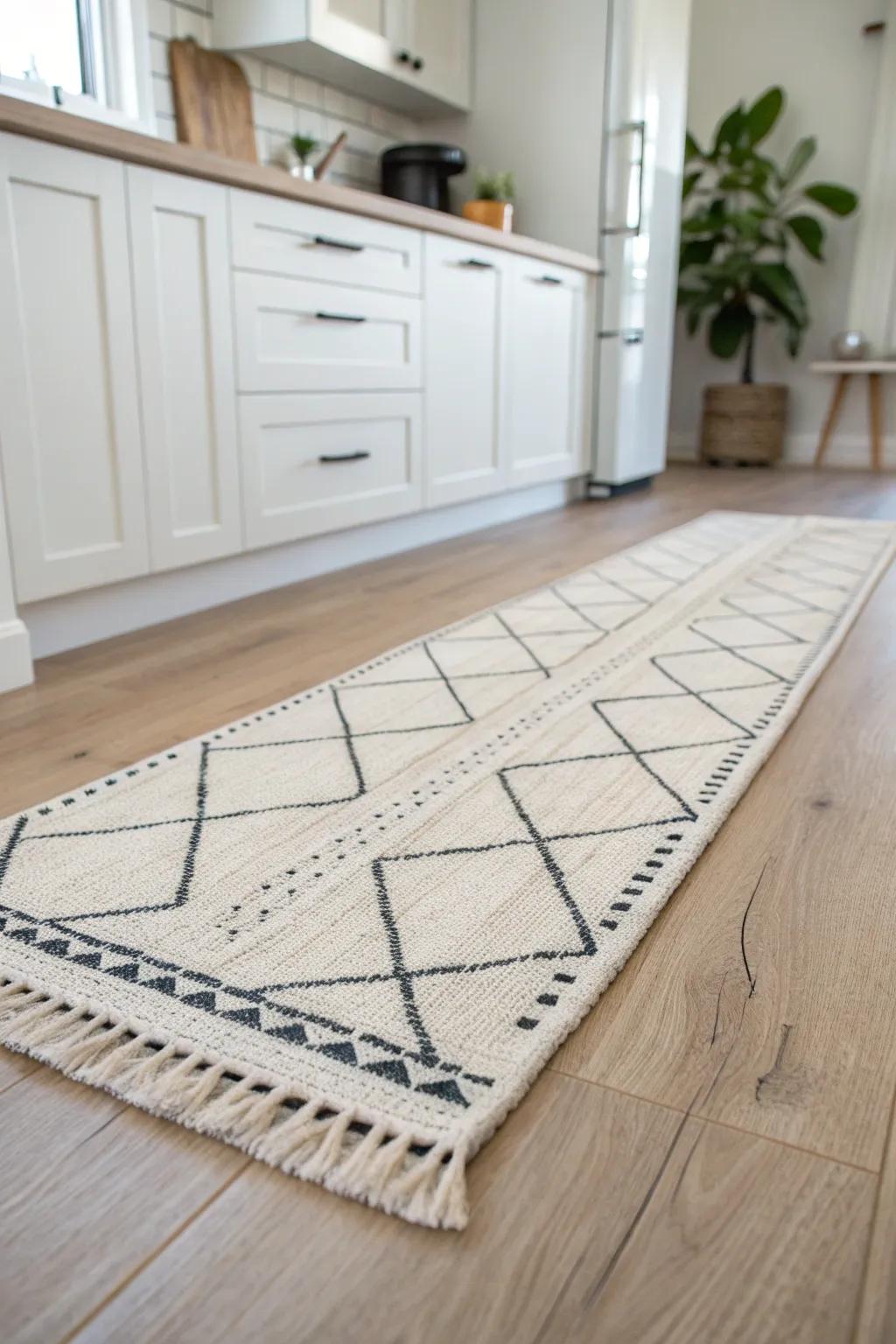 A handwoven runner defines the kitchen zone—open concept, but still beautifully intentional.