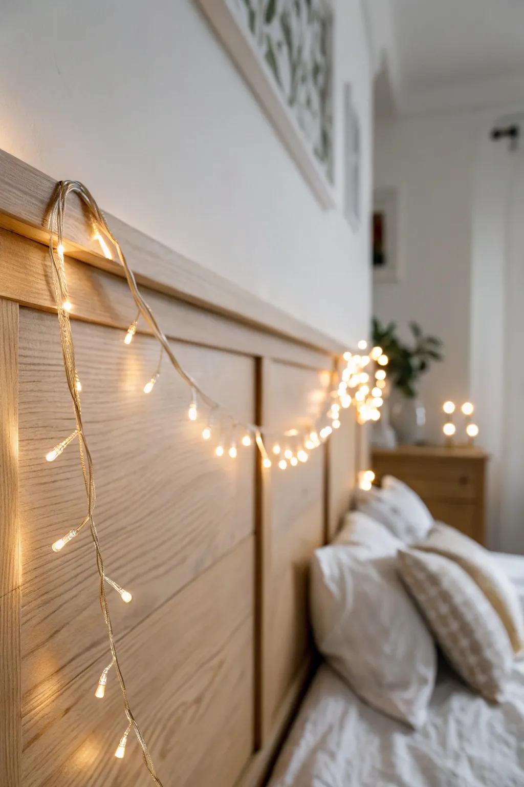 Drape warm string lights above your bed for a soft, space-saving dorm glow.