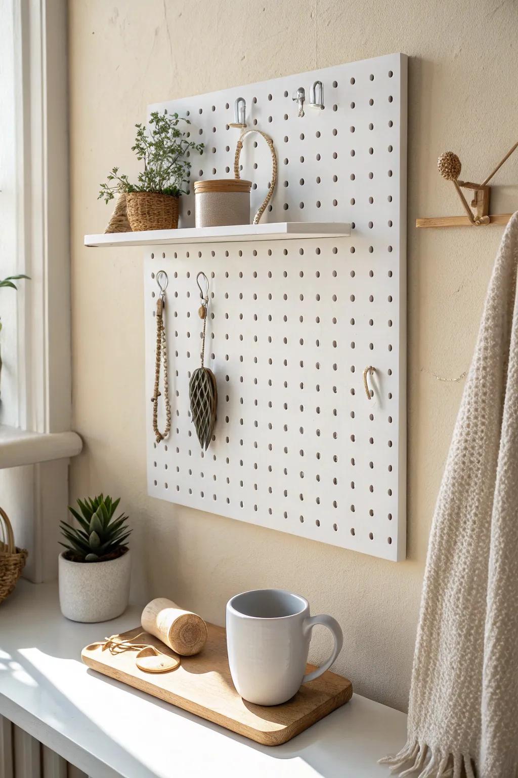 A calm white-on-white pegboard that reads like wall decor—minimal storage with soft contrast.