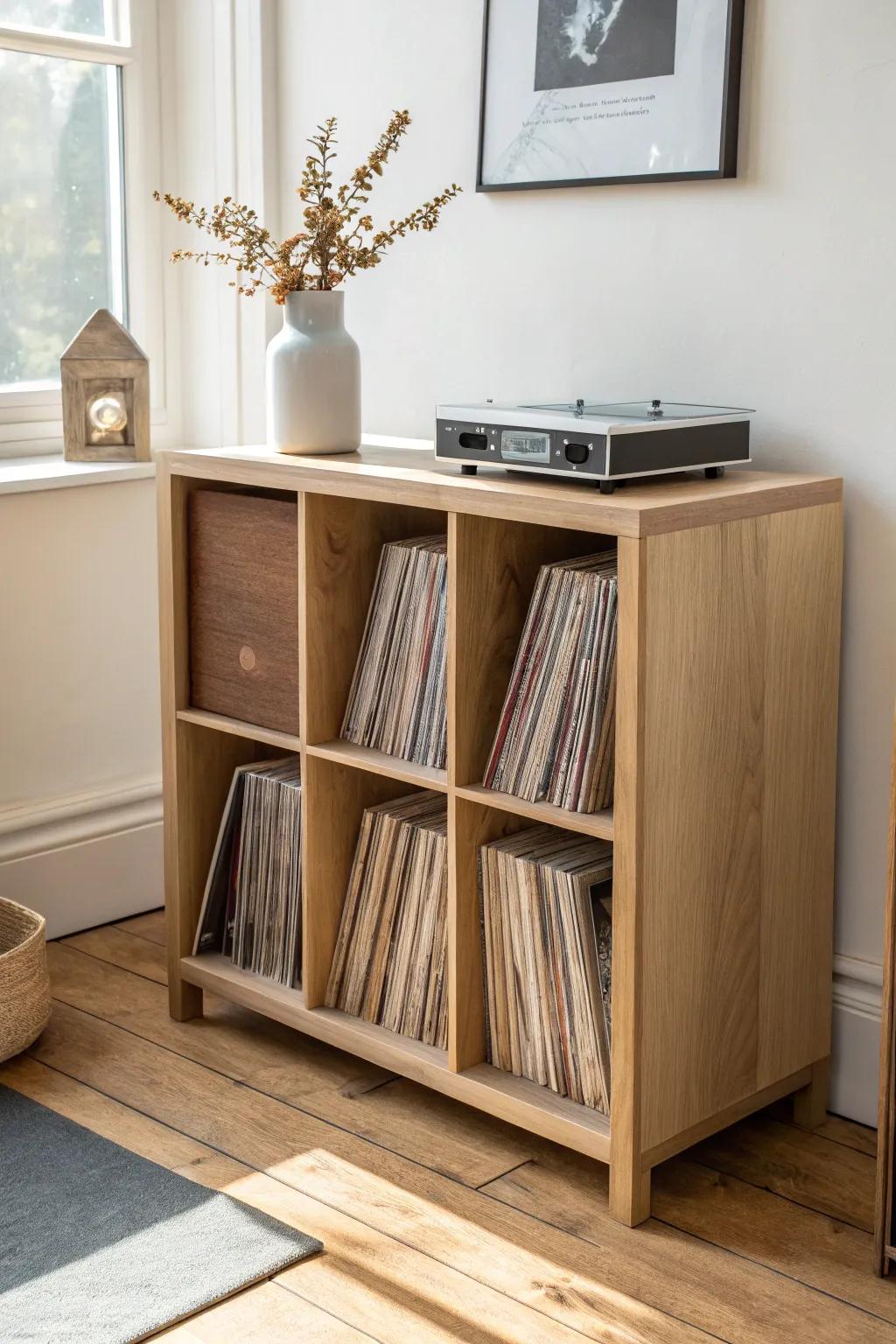 Modular cube shelving keeps vinyl albums upright, tidy, and protected in a small space.