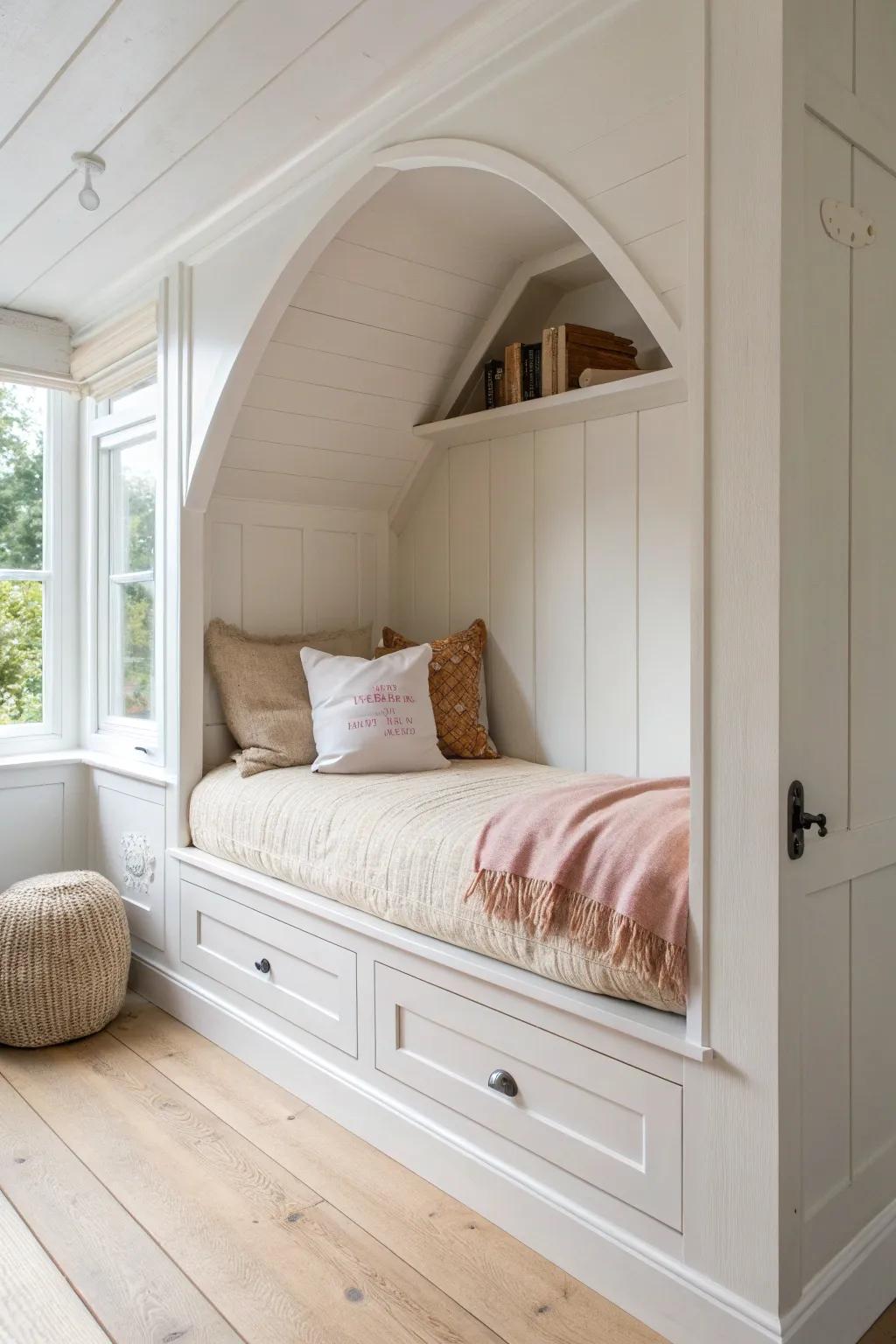 A classic built-in alcove bed with crisp trim and warm linens—calm, cozy, and space-smart.