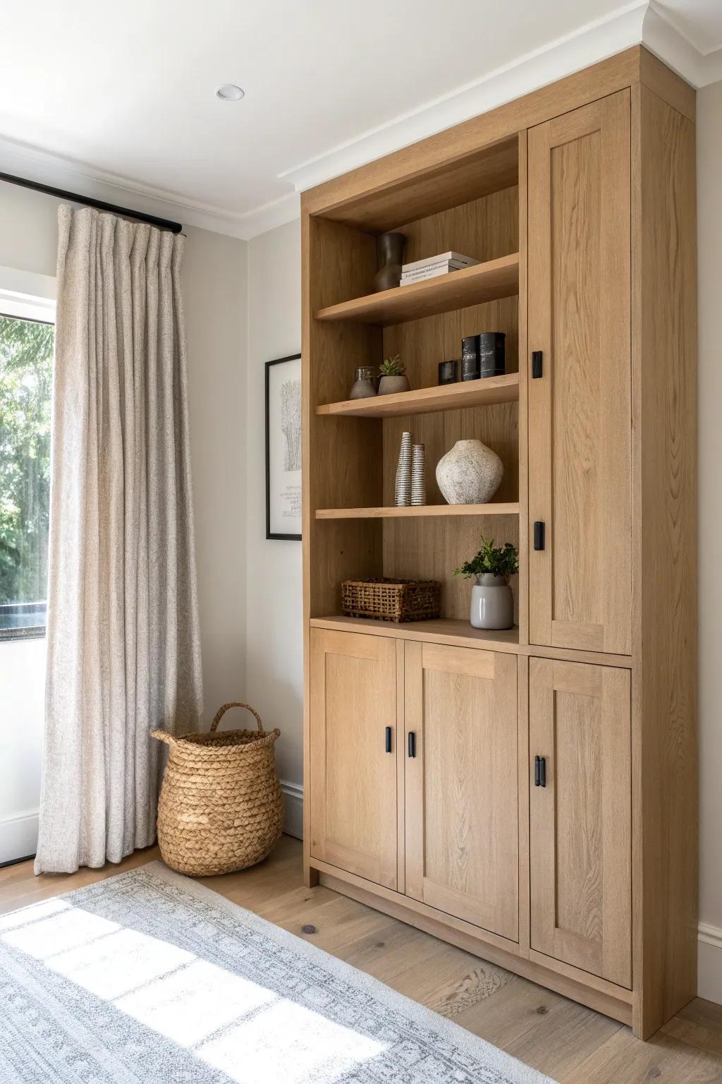 Built-in base cabinets + airy open shelves: the alcove solution that hides clutter beautifully.