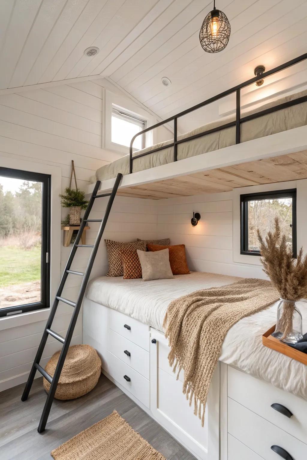 Sunlit loft bed + built-ins: the tiny home on wheels layout that feels like a real apartment.
