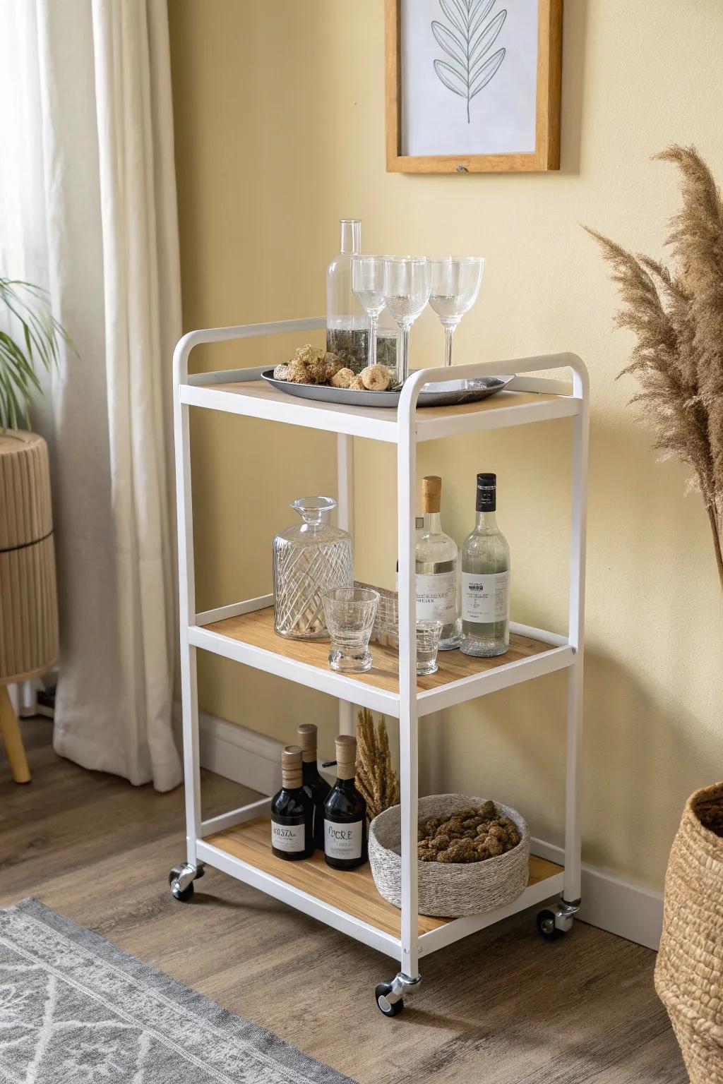 A tidy corner bar cart: bottles on a tray up top, backups tucked below—small-space perfect.