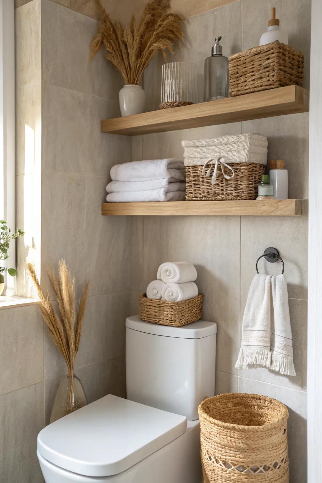 Floating shelves over the toilet—pretty baskets keep towels and extra rolls calm and tidy.