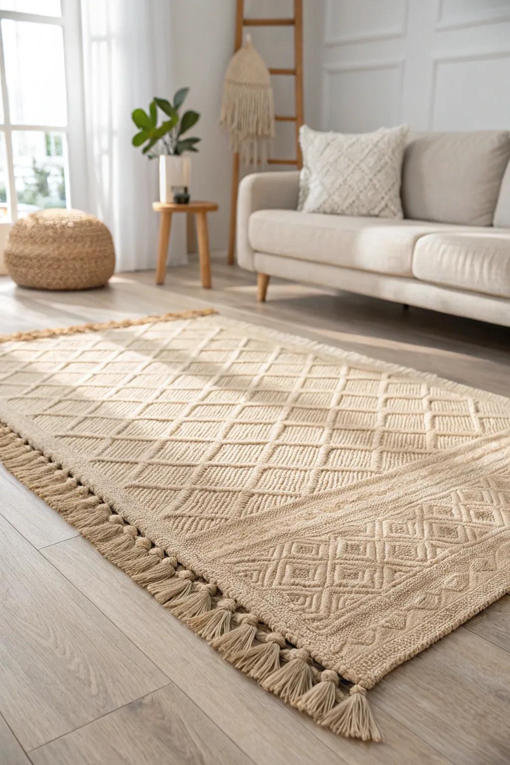 Anchor a small open-plan room with an oversized rug—instant zones and cozy calm.