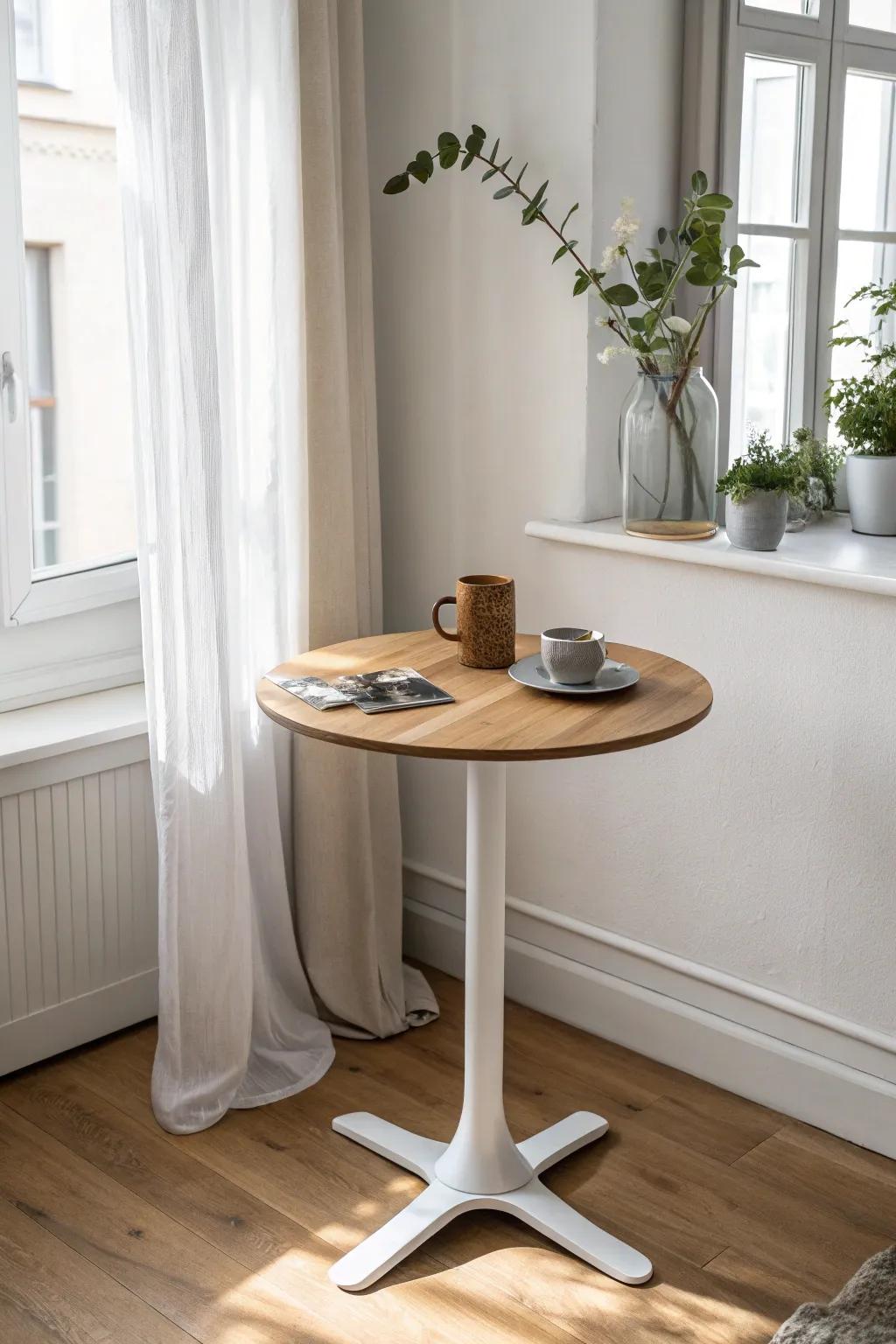 A petite bistro table in a corner creates a dining zone without stealing precious space.