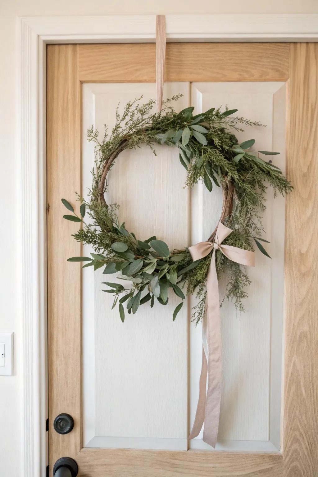 A simple greenery wreath + removable hanger—swap the ribbon color for an instant refresh.