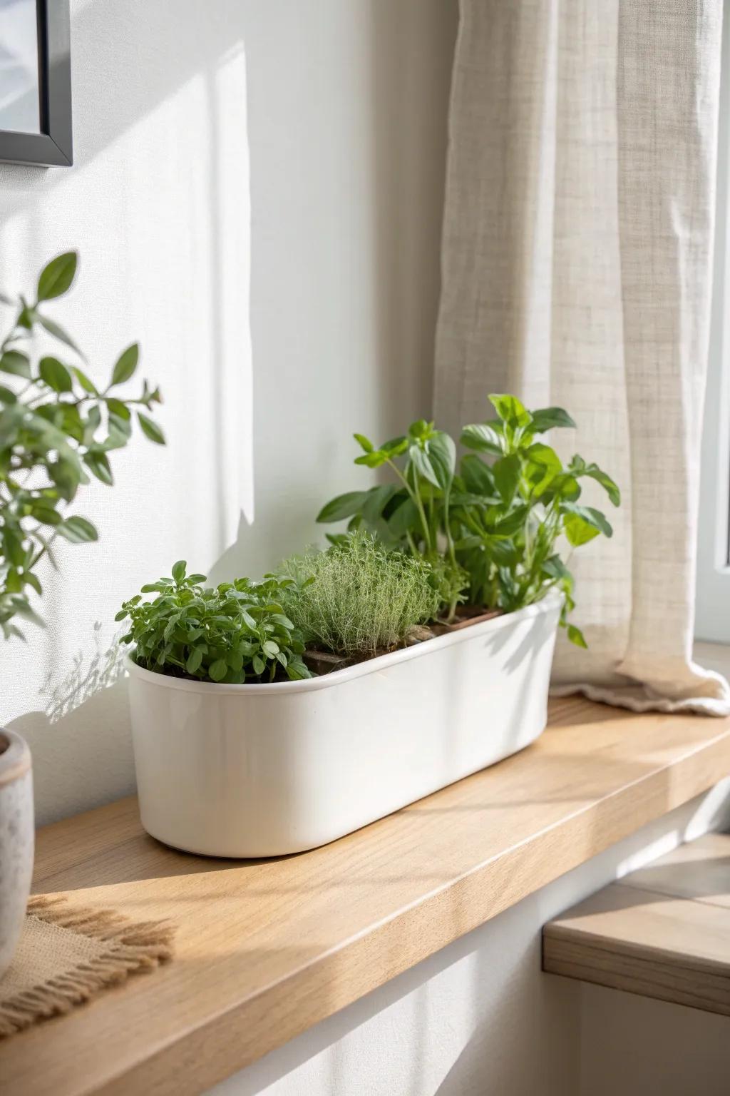 A sunny windowsill herb trough—fresh basil, mint, and thyme within arm’s reach today.