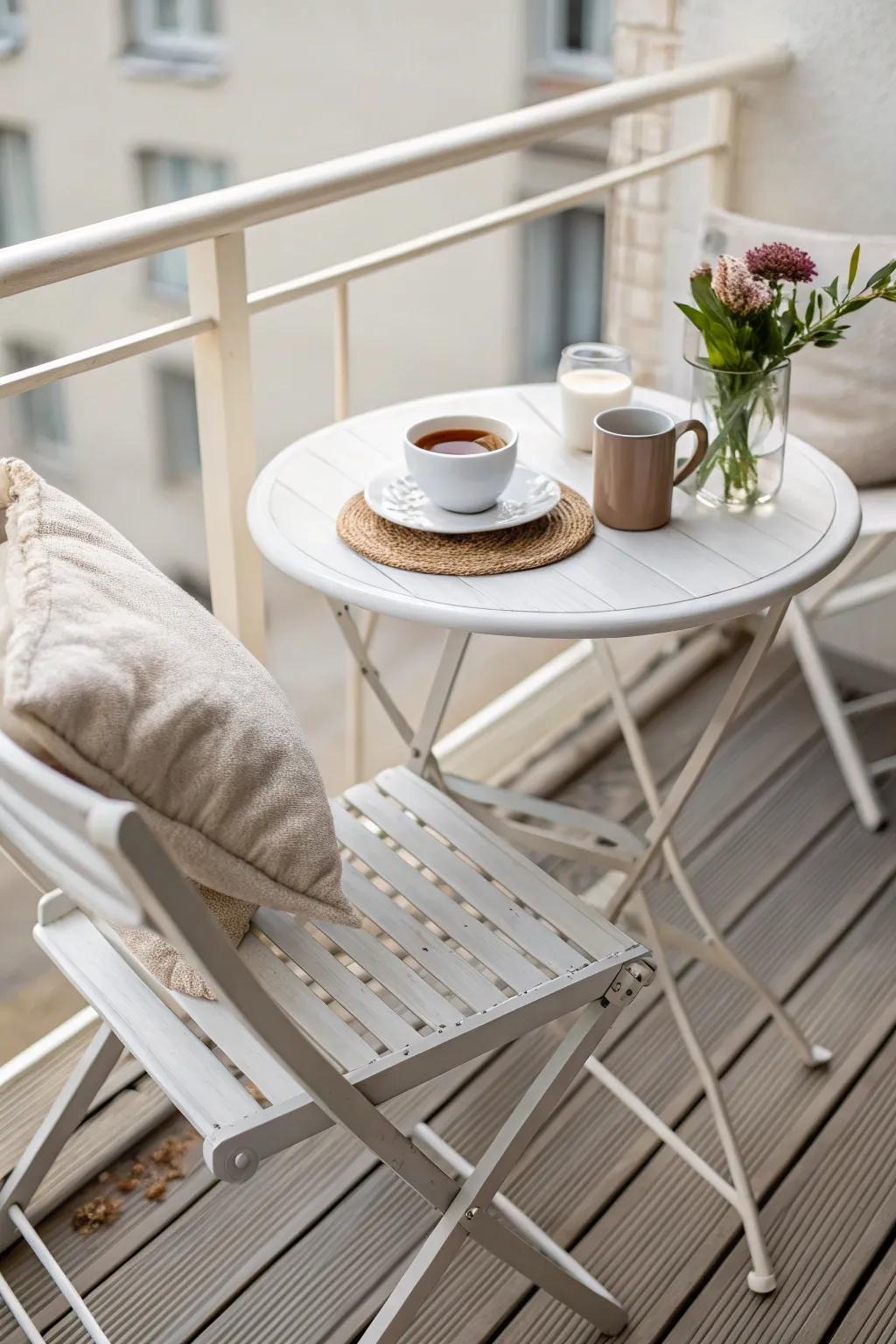 A petite folding bistro set creates a coffee spot without stealing precious balcony space.