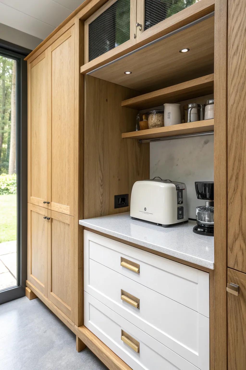 Space-saving pocket-door appliance garage keeps counters clear—doors disappear, not your workspace.