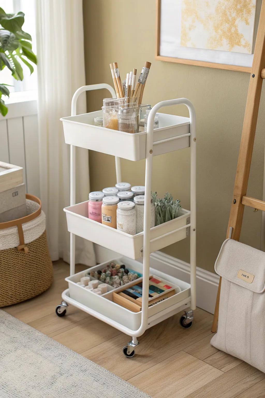 A rolling cart art station that tucks away fast—markers, paints, and brushes neatly stacked.