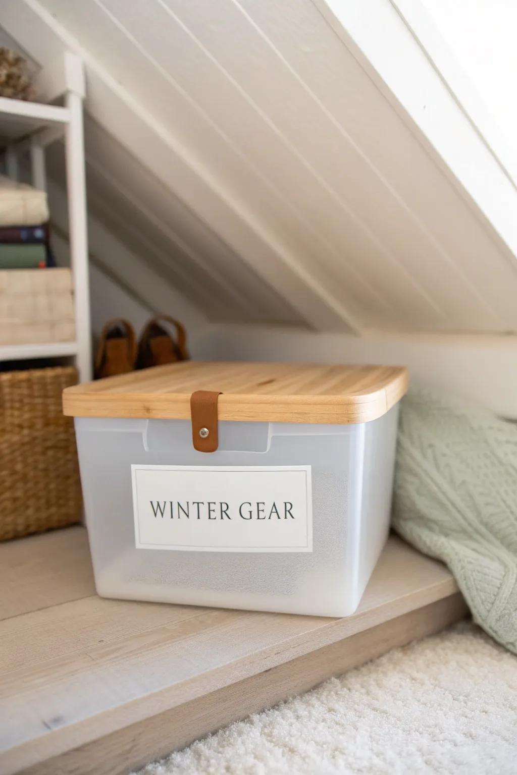 Crawl-space friendly seasonal storage: one clear bin with bold labels you can read at a glance.