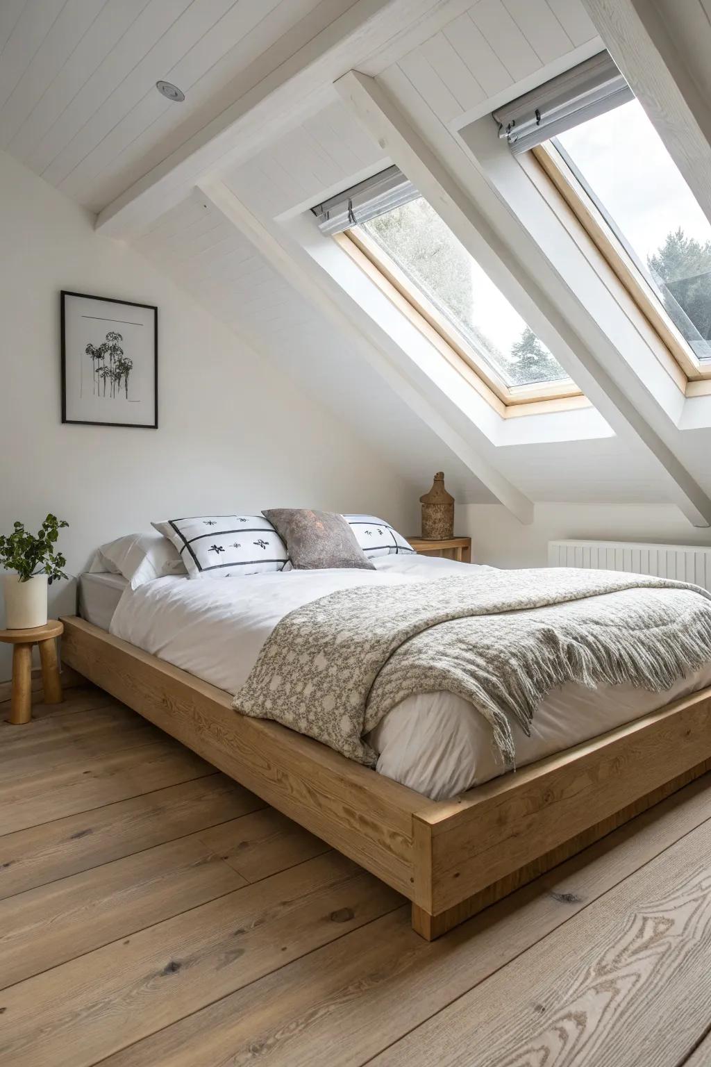 A low platform bed under the eaves makes an attic loft feel airy, calm, and cozy.