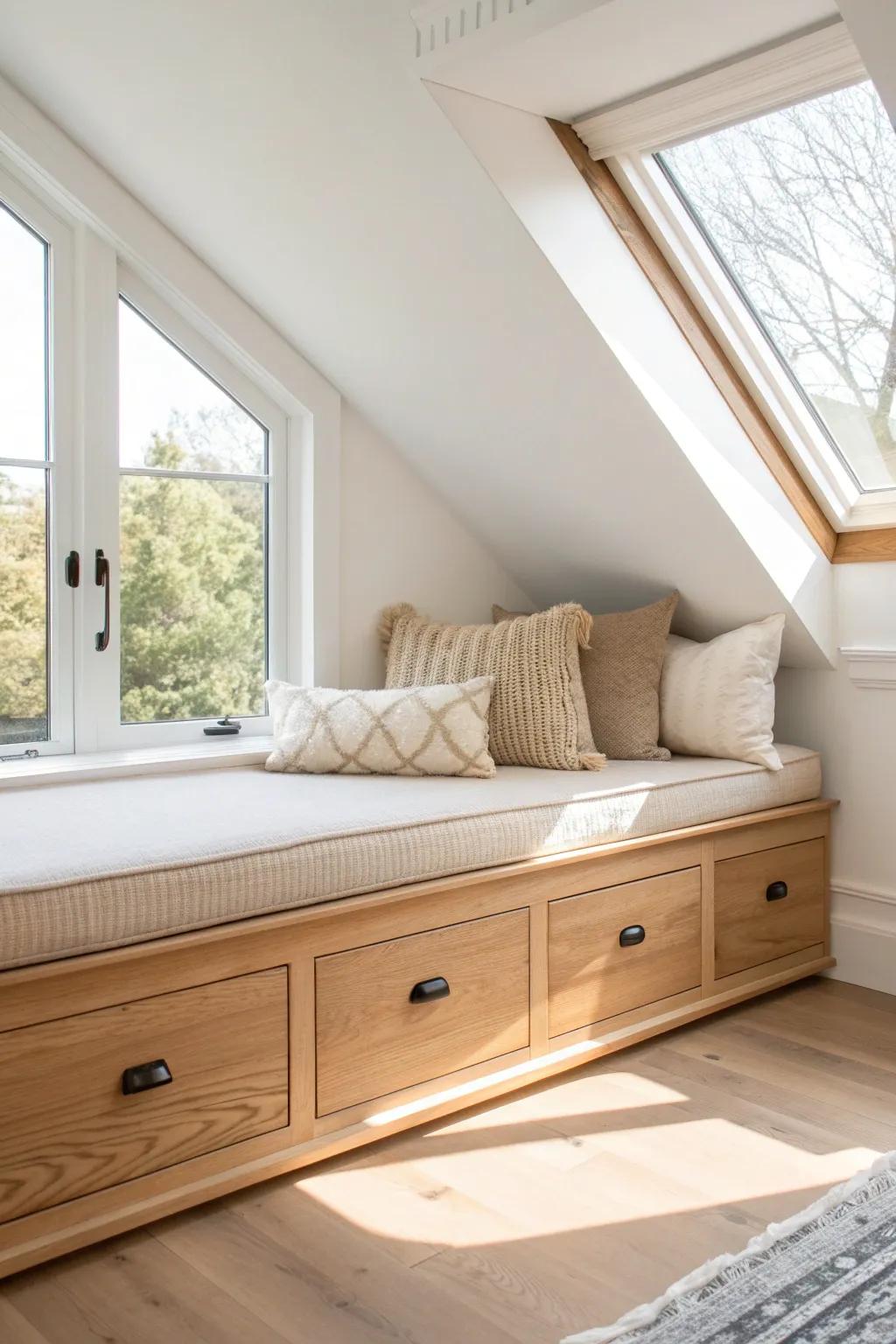 Classic attic window seat with hidden drawers—cozy, bright, storage-smart for blankets & games.