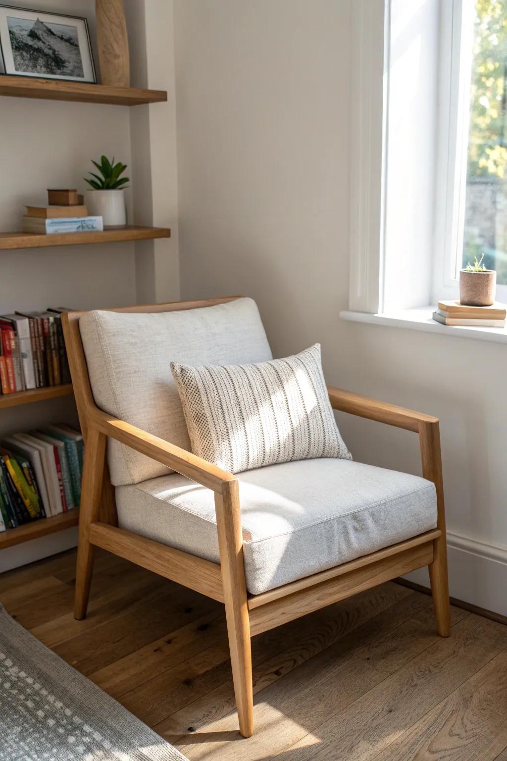 Turn an awkward corner into a calm reading nook with one beautiful chair and warm light.