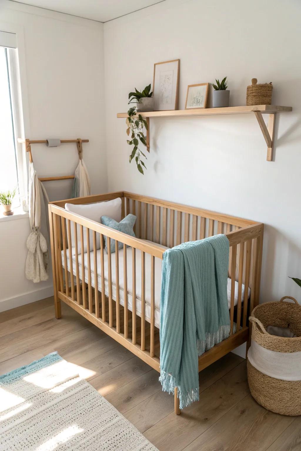Tuck the crib into the corner to create an L-shaped nursery layout and keep the floor open.