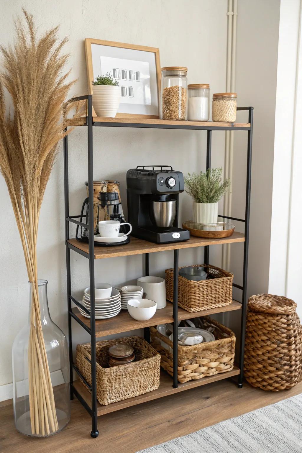 Classic baker’s rack coffee station: mugs up high, baskets below—vertical storage, calm counters.