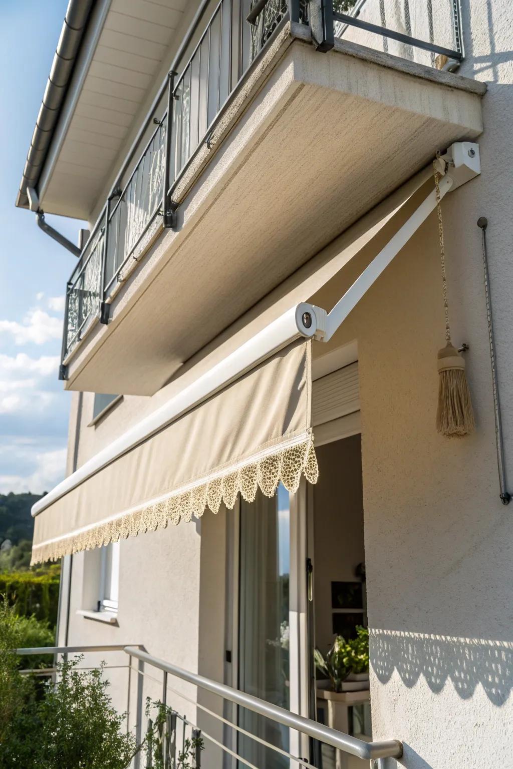 Classic retractable awning in linen tones—shade on demand for the smallest sunny balcony.