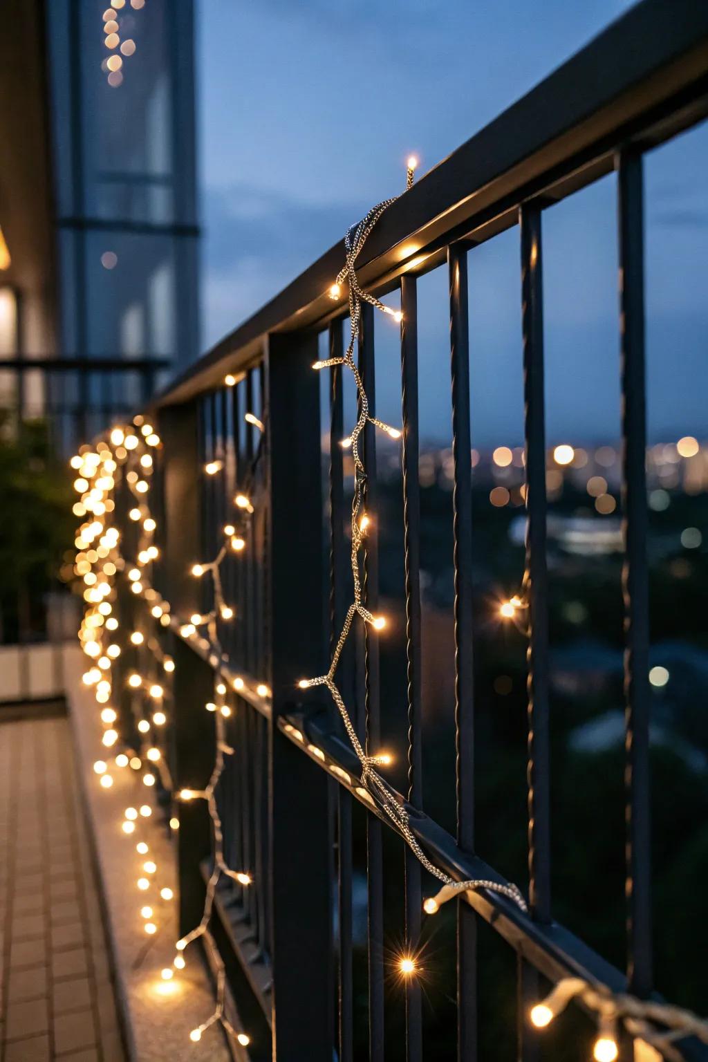 Warm white string lights wrapped tight on the railing—instant Christmas glow with zero floor space.