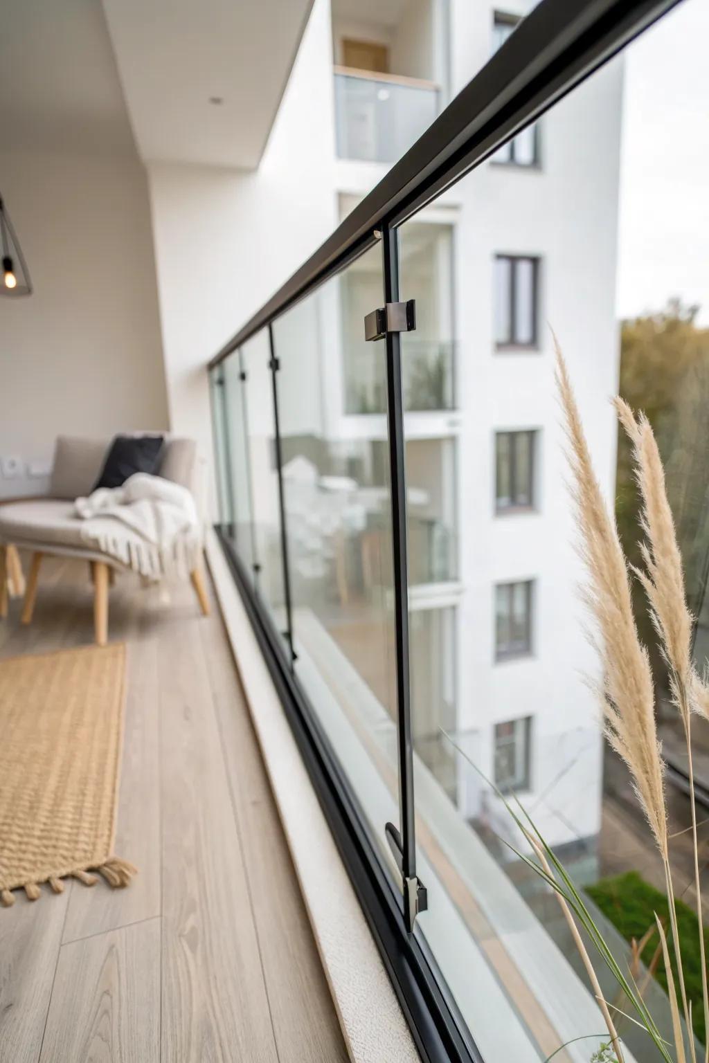Sliding glass panels make a narrow balcony feel like a mini sunroom—airy when open, cozy when closed.