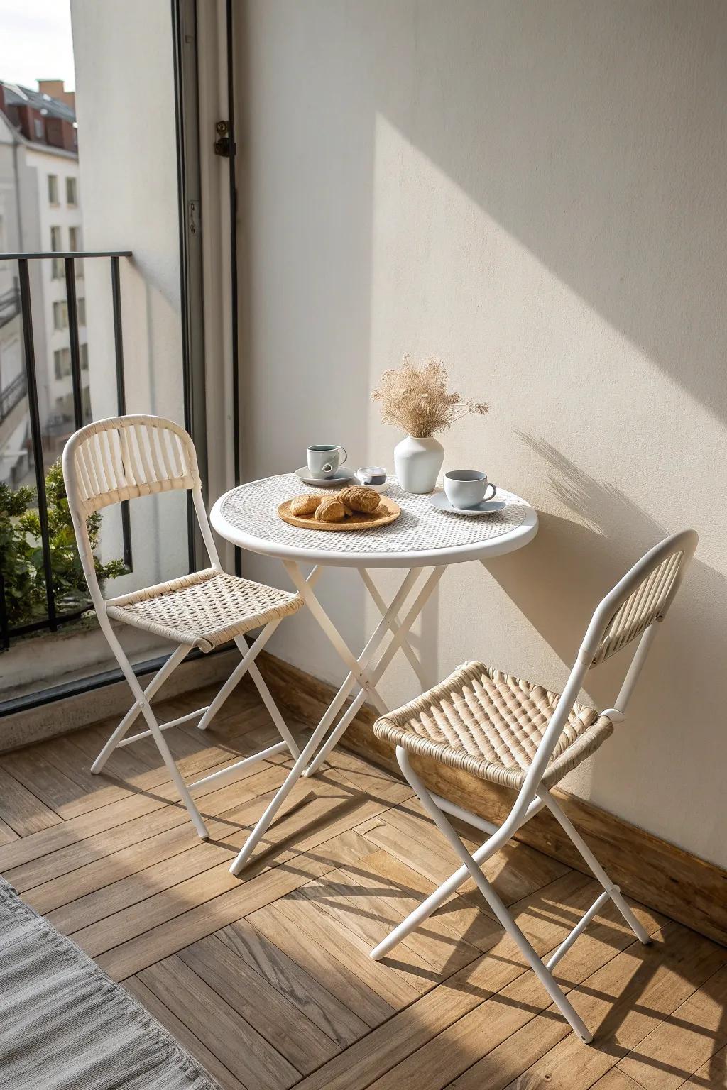 A classic bistro set turns even the tiniest balcony into a coffee-and-chat nook.