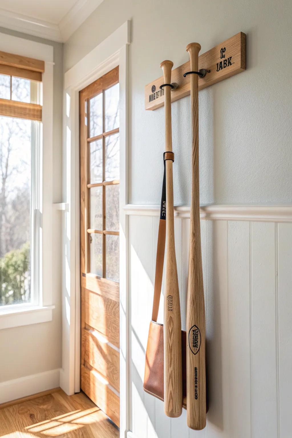 Calm the clutter: a minimalist wall-mounted bat rack keeps your small space serene.