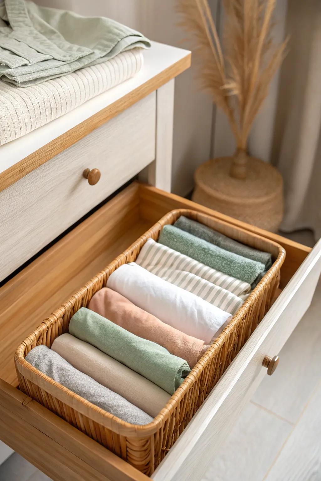 File-fold swimsuits upright in a drawer for a clean, grab-and-go setup—every suit visible.