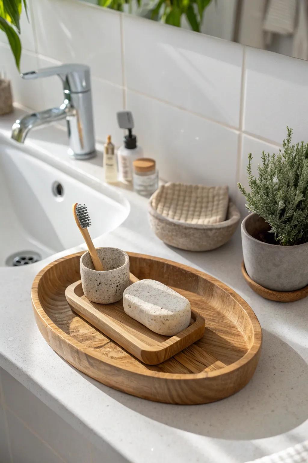 A tiny air plant on a raised holder turns a simple sink tray into a styled moment.