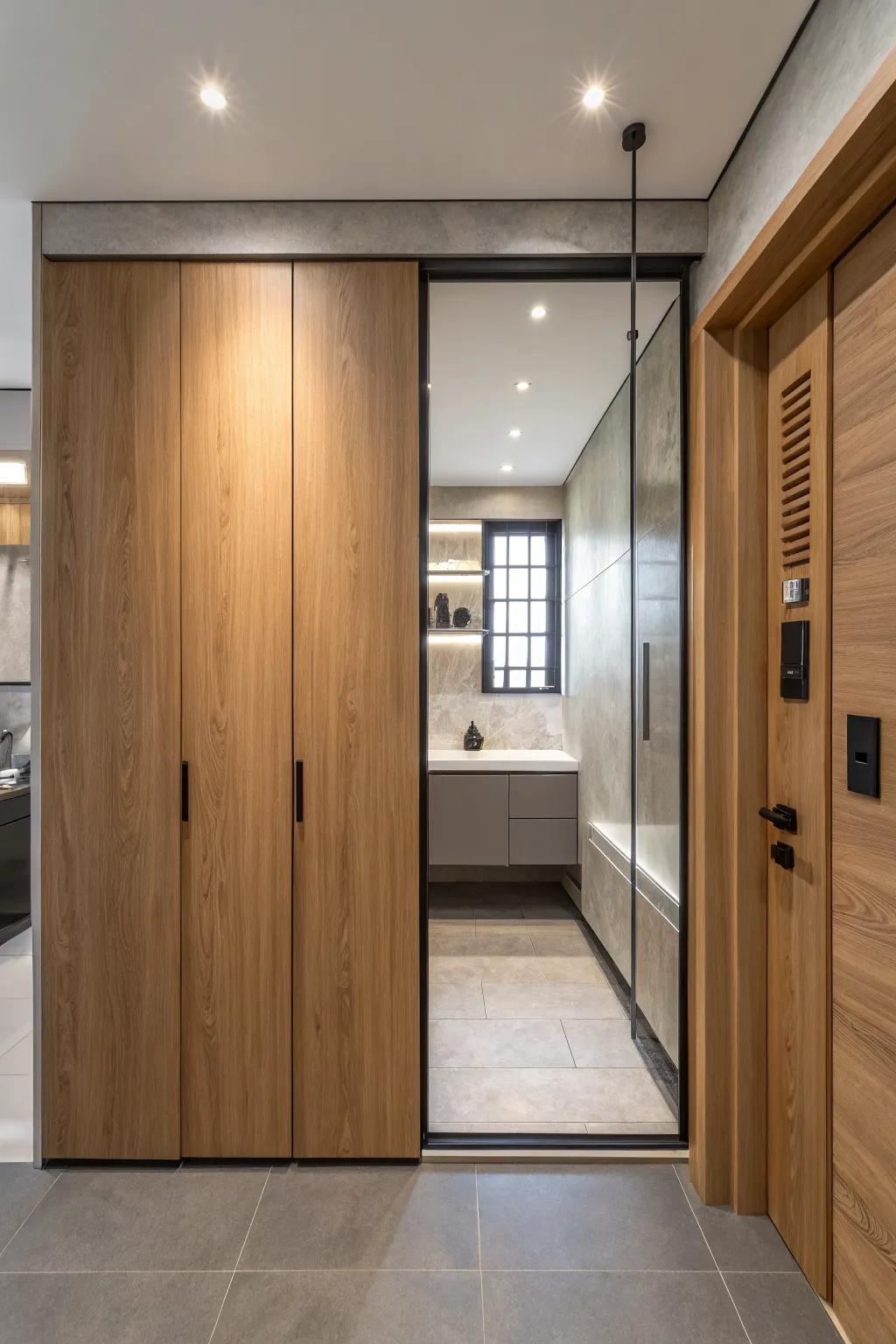 Suite-like and practical: a walk-through closet entry that separates dry storage from wet zones.
