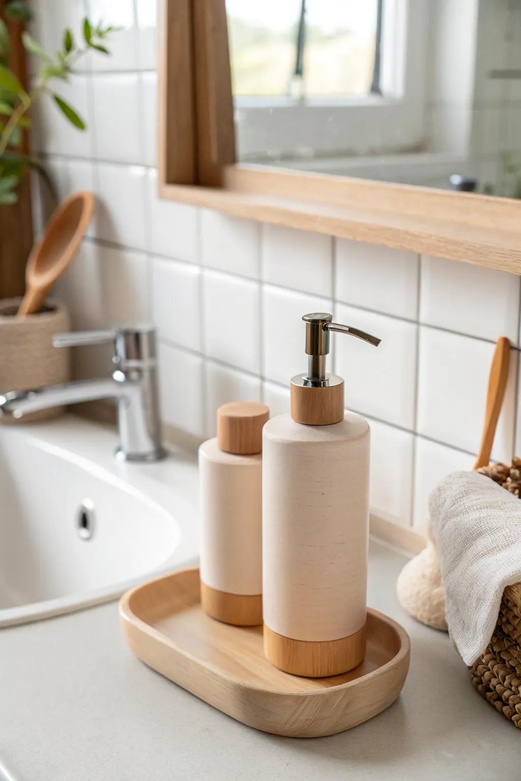 Wall-mounted dispensers keep the sink clear—small change, instantly bigger-feeling bathroom.