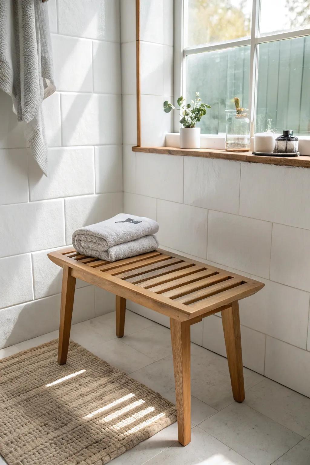 A classic slatted oak shower bench that keeps a small bathroom light, airy, and elegant.