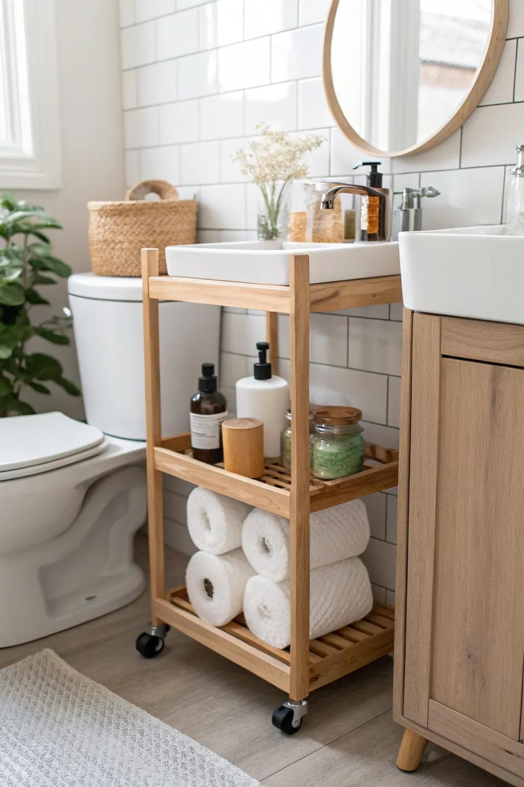A slim gap cart turns dead space beside the toilet into calm, tiered bathroom storage.