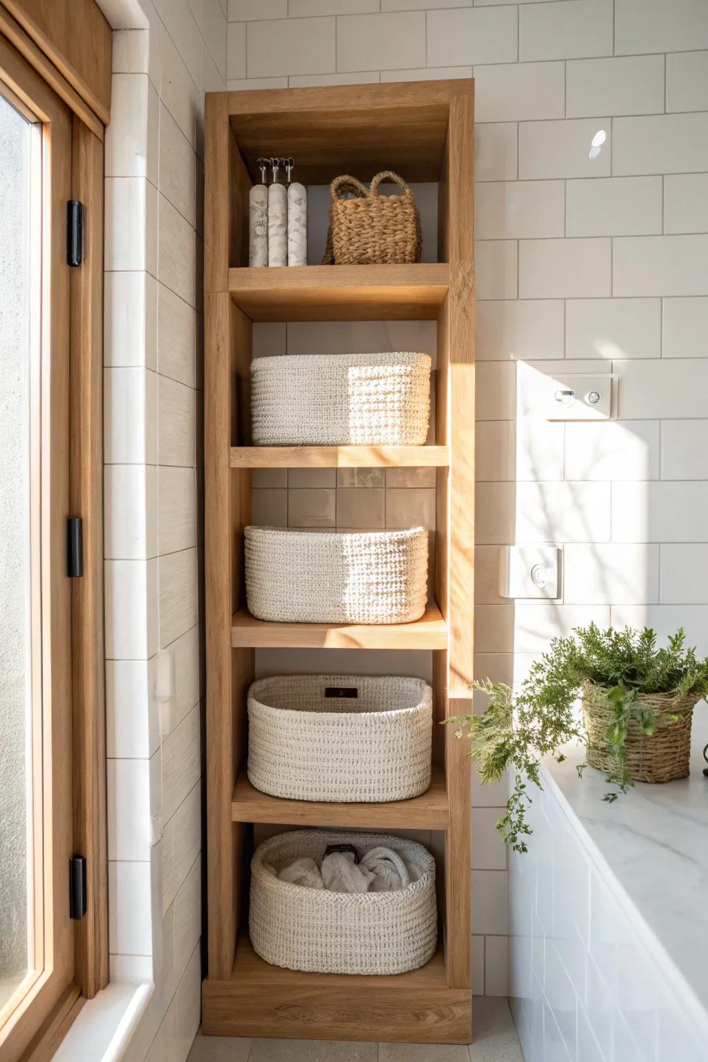 Open shelves + matching woven baskets: the prettiest way to hide clutter in a no-door closet.