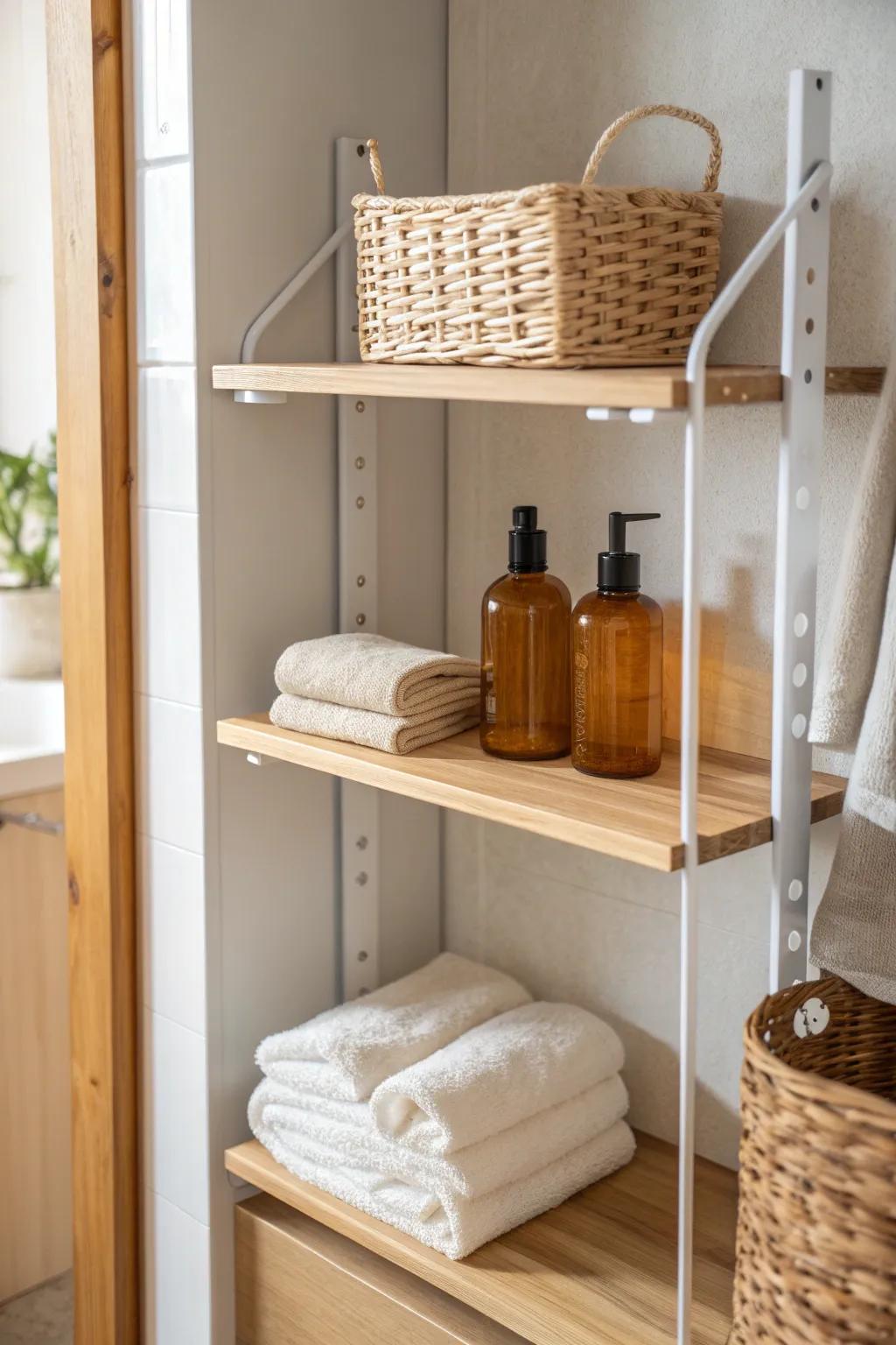 Adjustable shelves in a bathroom closet: tailor heights to bottles, towels, and backups.