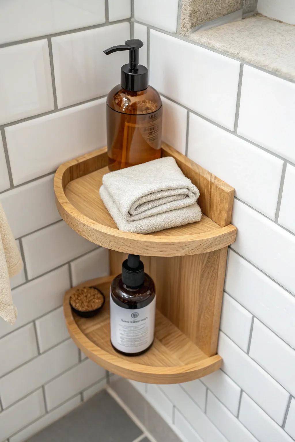 Classic corner shelves keep tiny showers tidy—daily essentials below, backups tucked up high.
