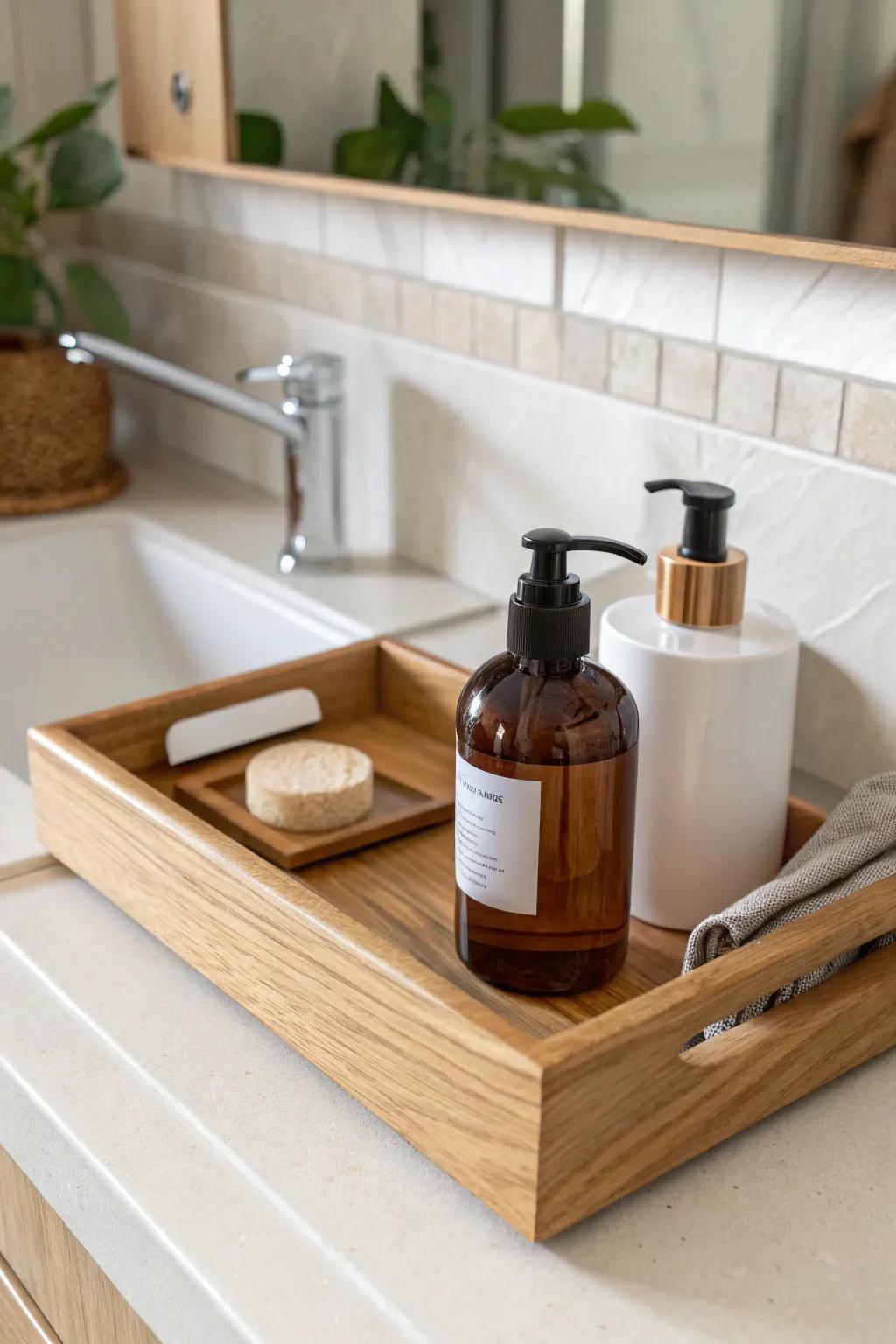 One pretty tray keeps daily essentials together—cleaner counters and faster wipe-downs.