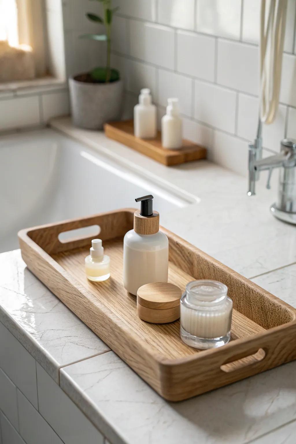 A low-profile tray keeps daily essentials tidy—lift, wipe, done for a calm counter.