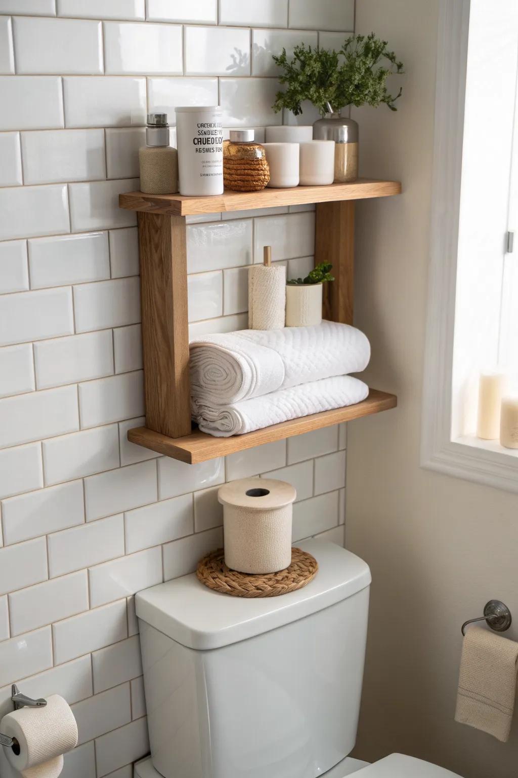 Classic over-the-toilet shelf stack—extra TP, rolled towels, and a candle, clean and renter-friendly.