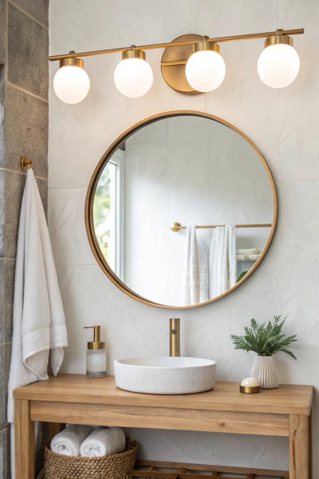 A classic vanity bar above the mirror makes even a tiny bath feel polished and balanced.