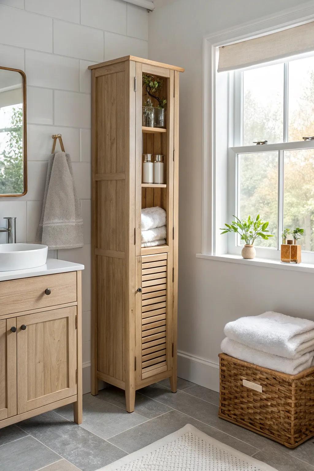 A tall linen tower turns unused wall height into calm, stacked storage for towels and toiletries.